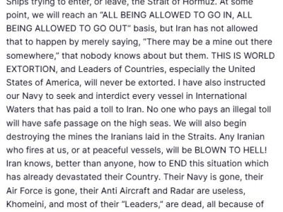 特朗普：即刻起，美军封锁霍尔木兹海峡-知创网